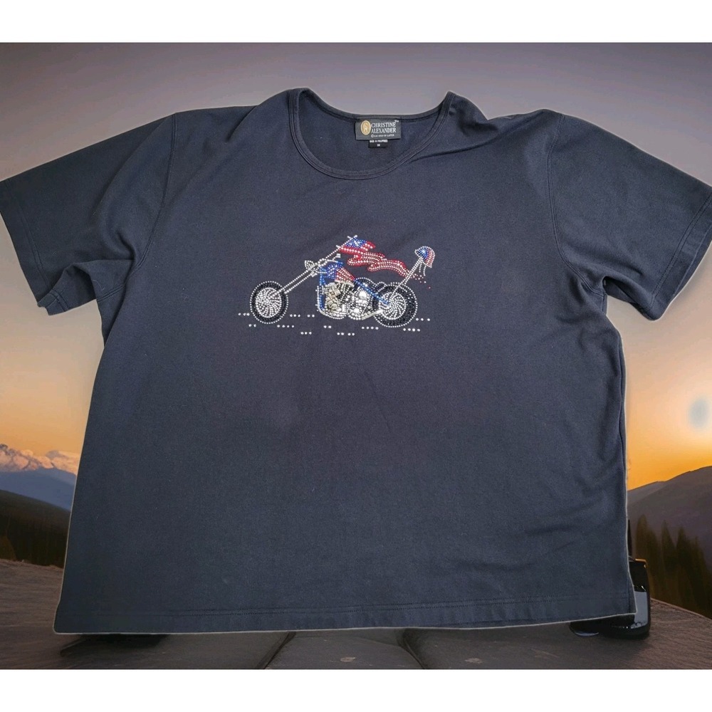 Christine Alexander Top Women 3X Black Rhinestone Motorcycle USA Heavyweight-Tee